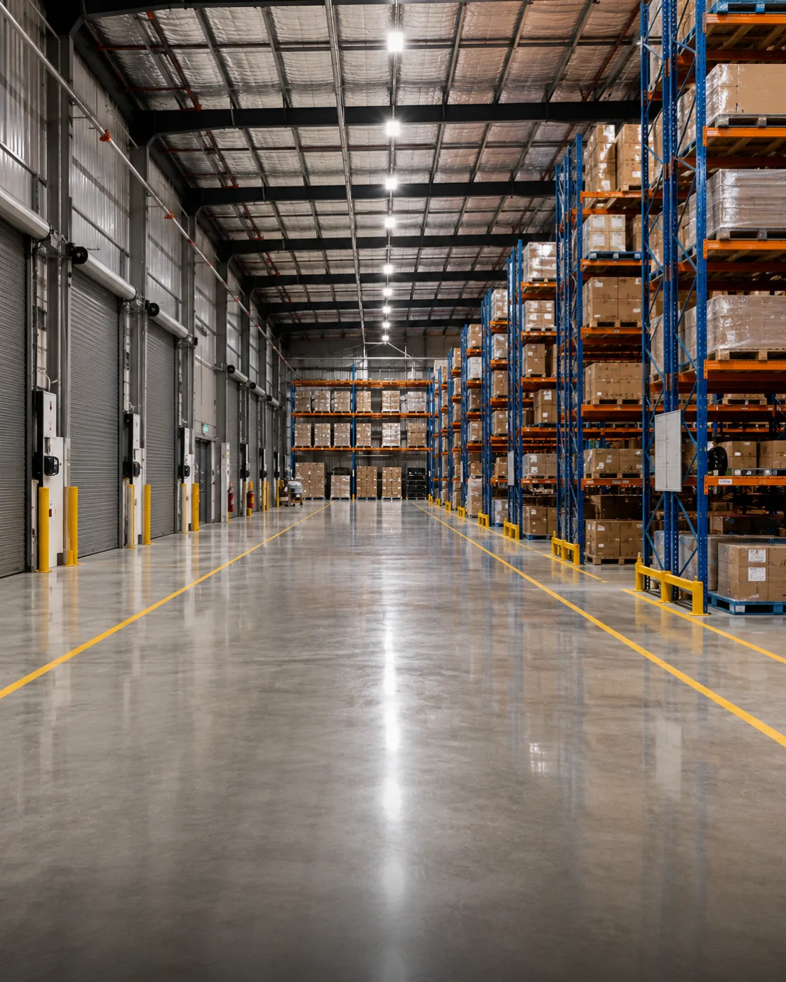 Warehouse interior with polished concrete floor