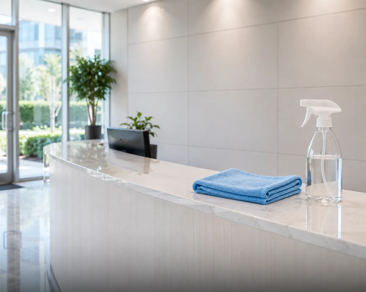 Cleaner detailing a reception desk in a commercial tenancy