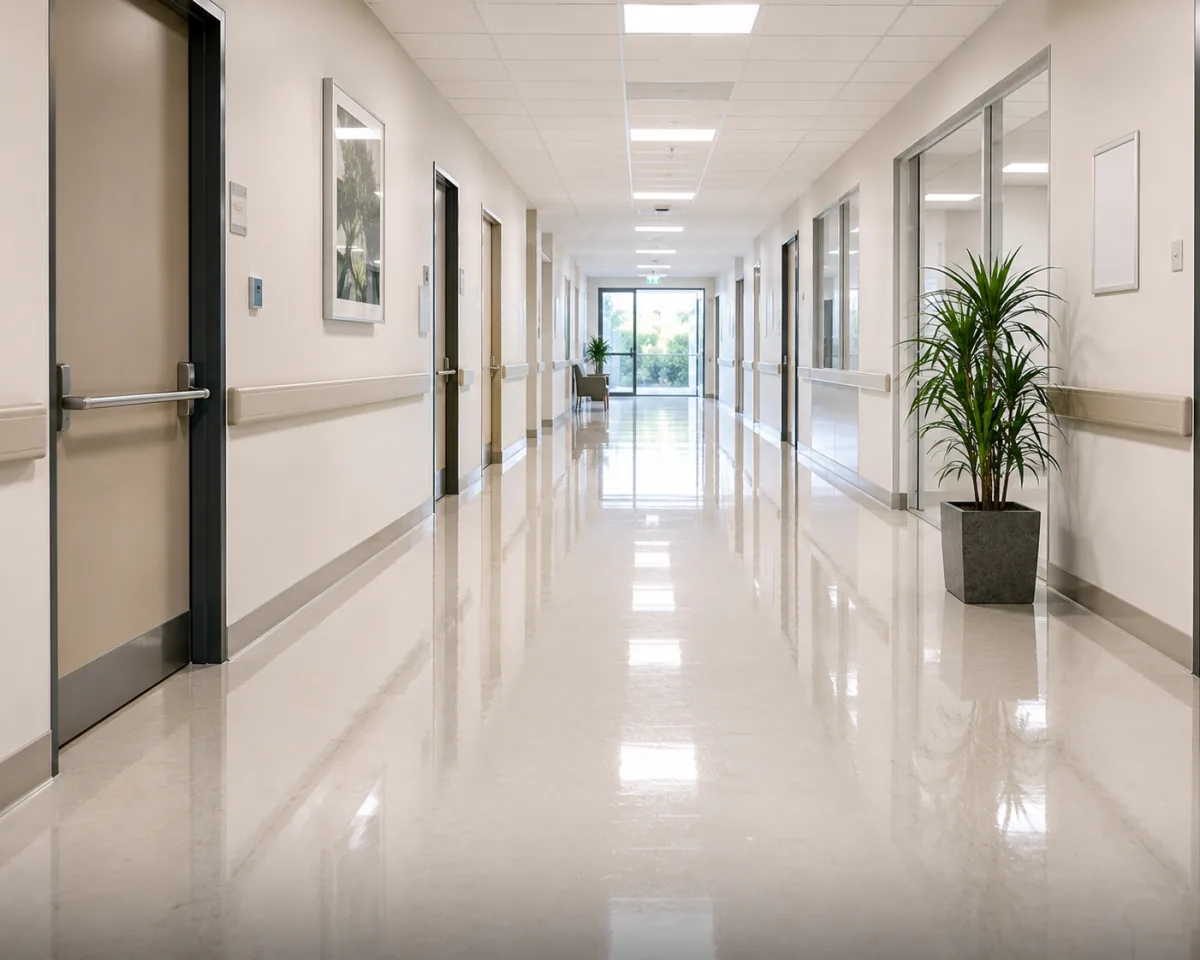 Polished vinyl floor in a commercial corridor