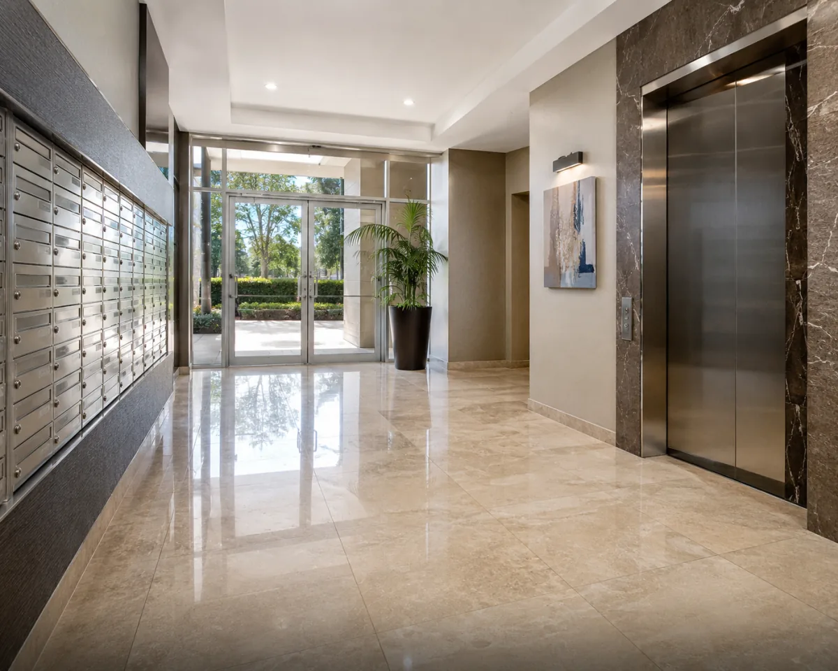 Bright apartment-block lobby with clean stone floor