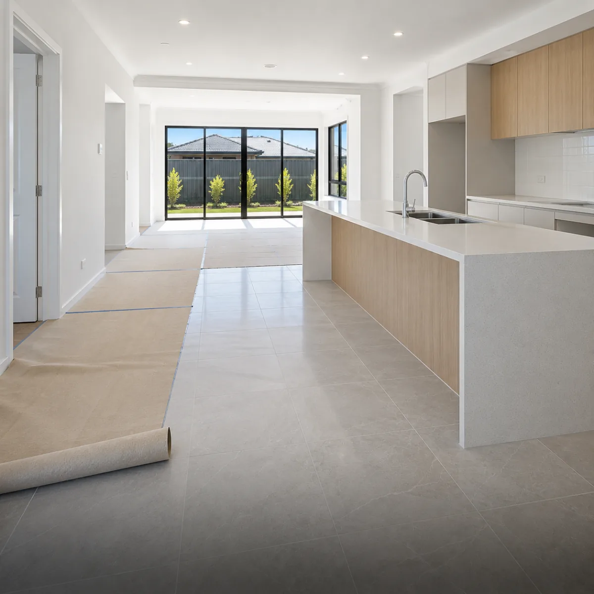 New-build interior with floor protection — ready for sparkle clean