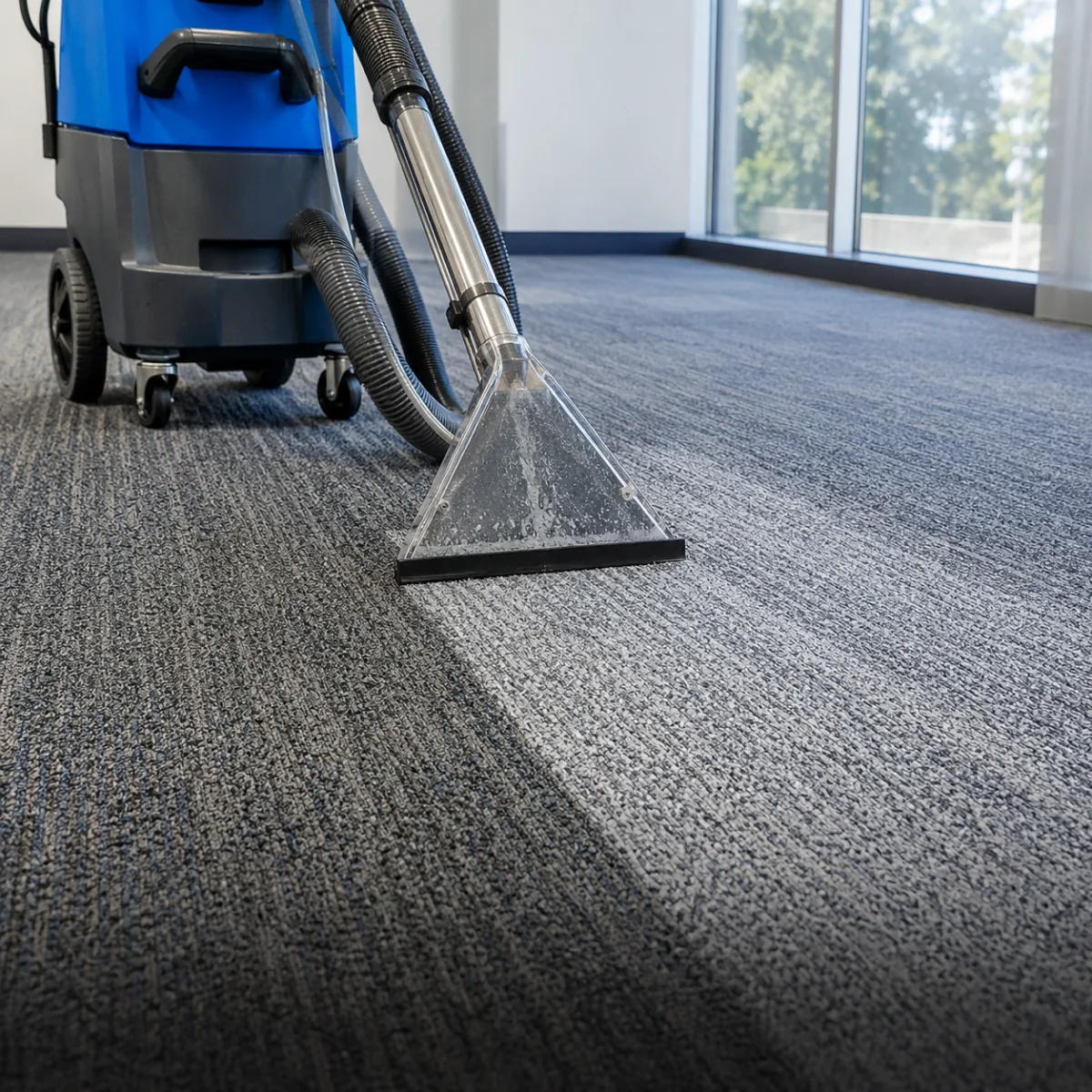 Commercial-grade vacuum on plush office carpet