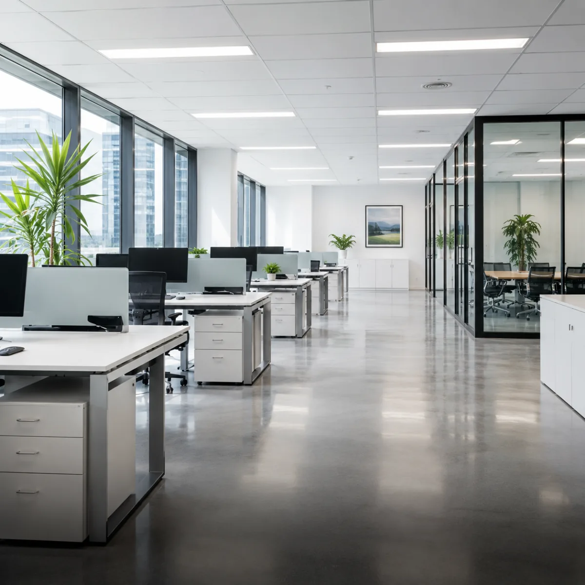 Open-plan commercial office floor with desks and natural light