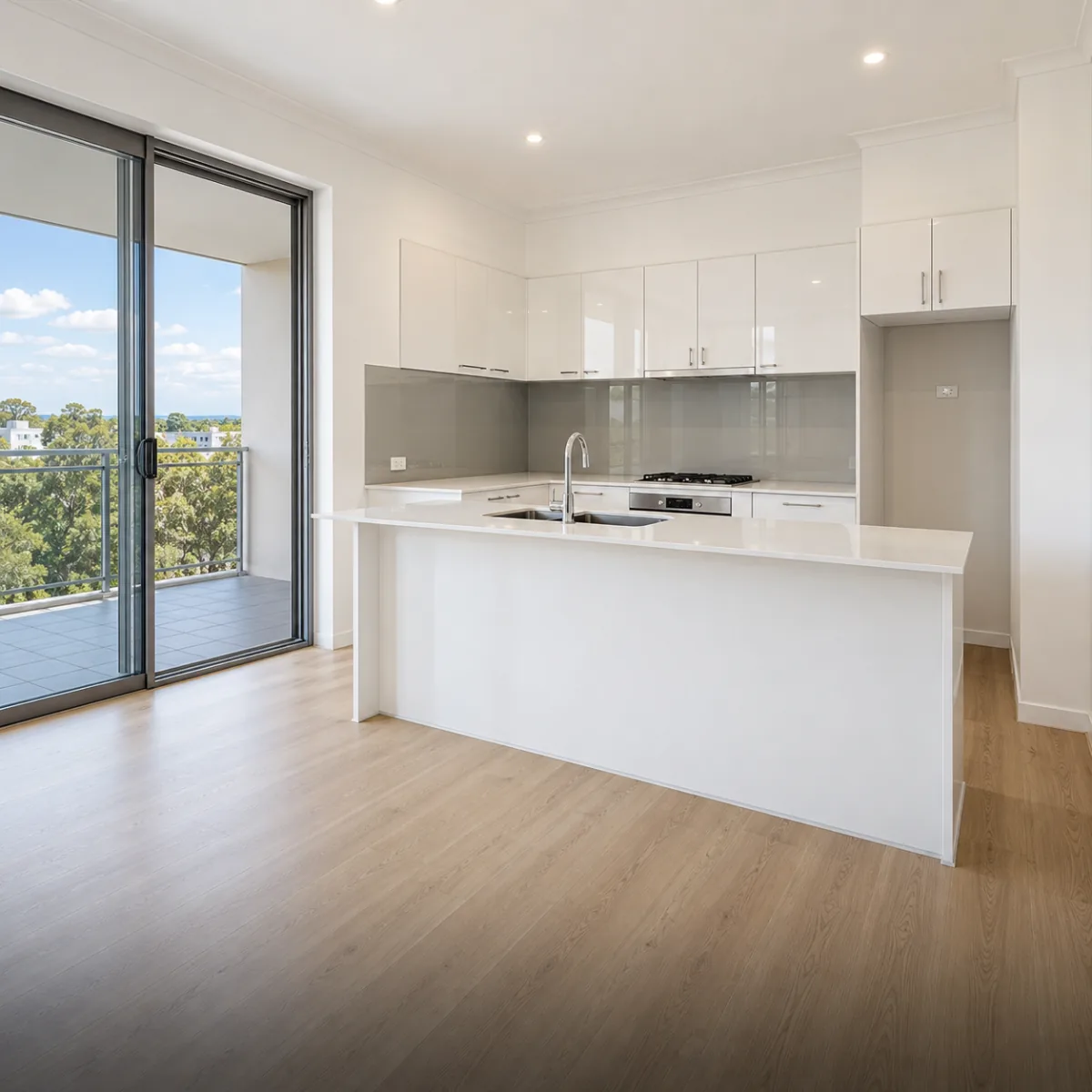 Bright, immaculate rental apartment kitchen ready for handover