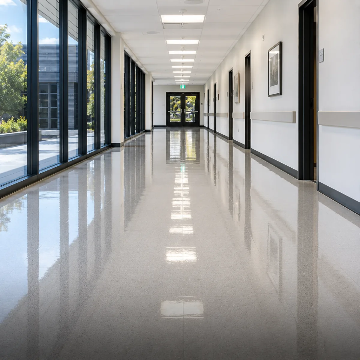 Polished vinyl floor reflecting overhead lighting
