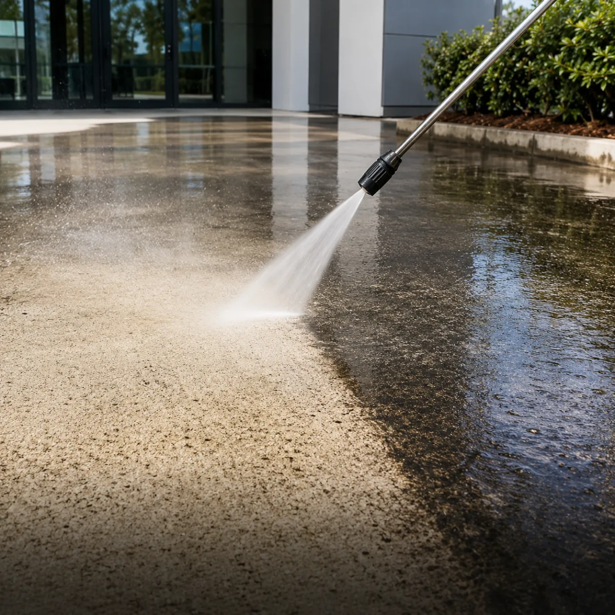 High-pressure cleaning of a concrete forecourt