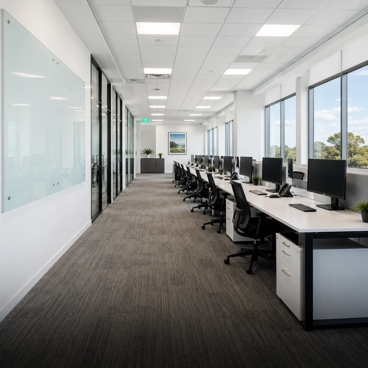 Long office workspace with clean desks and presentation glass
