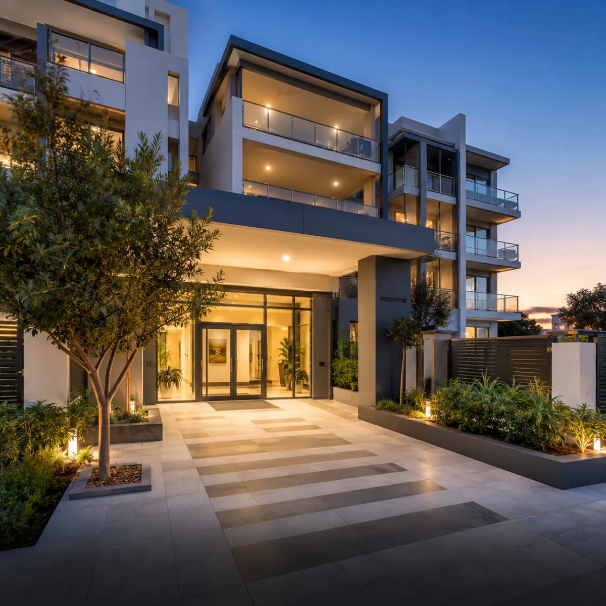 Modern apartment complex exterior at dusk — common-area glass and entry