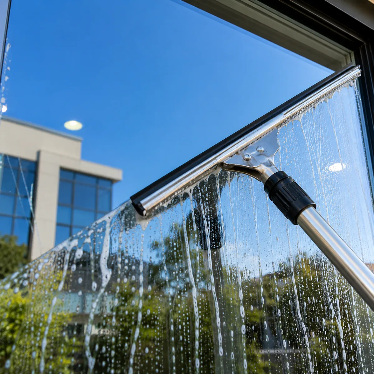 Window cleaner squeegeeing a clear pane of glass